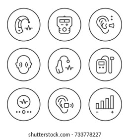 Set round line icons of hearing aid