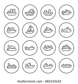 Set round line icons of water transport