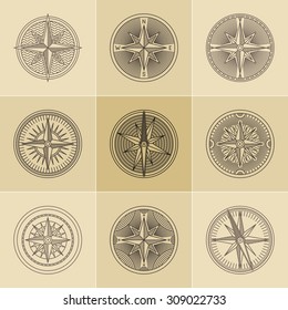 Set of round linear vintage compass logos.  Outline monochrome stamp navigation brand design.