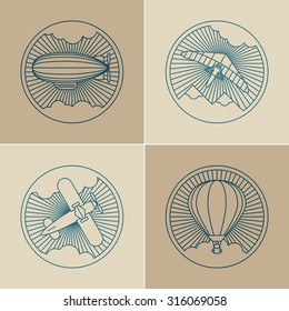 Set of round logo icons. Air transport and flying. Zeppelin, deltaplane, biplane and hot air balloon in the clouds and sunshine.