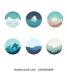 Set of round logo with sea, mountain, iceberg, desert, sky, forest landscape.Environmental protection and global warming logo. Vector illustration.