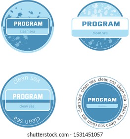 Set of round logos in environmental protection. Blue round emblems on a white background. Protection and purification of the sea.