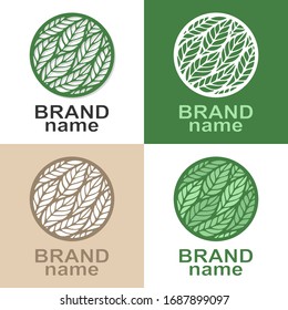 Set of round logos with leaves (feathers, spikelets) on a white, green, beige background. Eco icon, bio sign, symbol, brand identity for business, organic products, healthy food. Vector illustration.