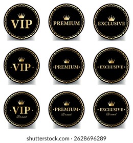 Set of round luxury gold VIP labels or premium quality stickers, VIP certificates and tags on black badges. Vector illustration isolated on white background