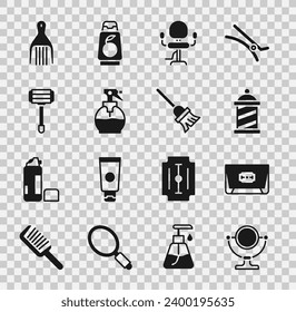Runder Schminkspiegel, Rasierapparat, Barbershop-Pol, Barbershop-Stuhl, Friseur-Pistolsprühflasche, Shave, Barrette und Mop-Ikone. Vektorgrafik