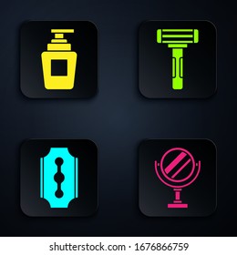 Set Round makeup mirror, Bottle of shampoo, Blade razor and Shaving razor. Black square button. Vector