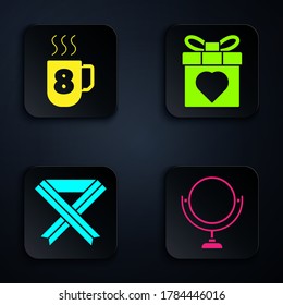 Set Round makeup mirror, Coffee cup with 8 March, Breast cancer awareness ribbon and Gift box and heart. Black square button. Vector