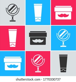 Ajuste Espejo de maquillaje redondo, tubo cosmético crema o loción y icono de tarro cosmético crema o loción. Vector
