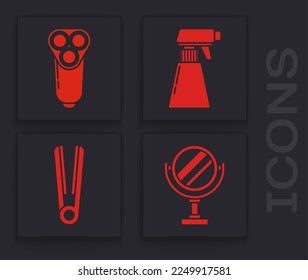 Ajuste Espejo de maquillaje redondo, cuchilla de afeitar eléctrica para los hombres, botella de spray de pistola de peluquería y Icono de hierro curling para el pelo. Vector