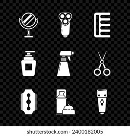 Espejo de maquillaje redondo, cuchilla de afeitar eléctrica para hombres, cepillo de pelo, cuchilla, espuma de gel de hadas, afeitador eléctrico para el pelo, botella de champú y icono de la botella de spray de pistola de peluquería. Vector