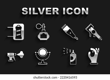 Set Round makeup mirror, Electrical hair clipper, Medical rubber gloves, Spray can for hairspray, Hairdresser pistol bottle, Barber shop pole and Aftershave icon. Vector