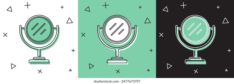 Set Round makeup mirror icon isolated on white and green, black background.  Vector