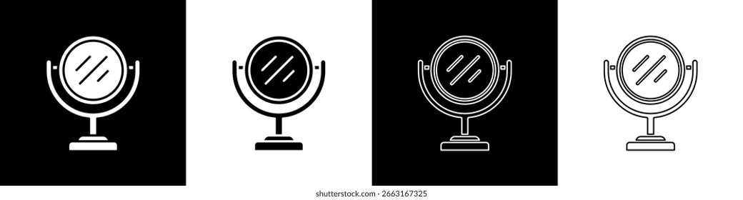 Set Runder Schminkspiegel, Symbol einzeln auf schwarz-weißem Hintergrund.  Vektorgrafik