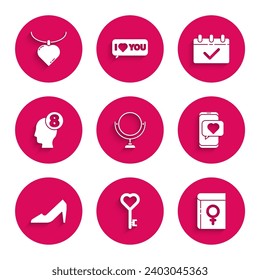 Set Round makeup mirror, Key in heart shape, Book about women, Online dating app and chat, Woman shoe, 8 March human head, Calendar with and Necklace shaped pendant icon. Vector