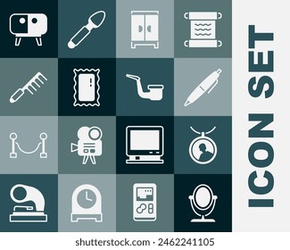 Set Round makeup mirror, Locket on necklace, Pen, Wardrobe, Big full length, Hairbrush, TV table stand and Smoking pipe icon. Vector