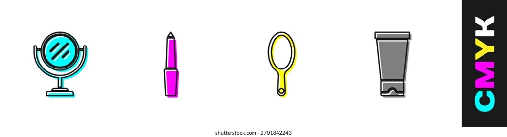Set Round makeup mirror, Nail file, Hand and Cream lotion cosmetic tube icon. Vector