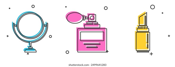 Set Round makeup mirror, Perfume and Lipstick icon. Vector