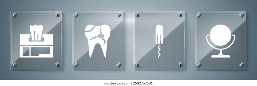 Set Round makeup mirror, Sanitary tampon, Broken tooth and Wet wipe pack. Square glass panels. Vector