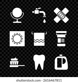 Set Round makeup mirror, Water tap, Crossed bandage plaster, Toothbrush with toothpaste, Bottles for cleaning agent, Condom package safe sex and Towel hanger icon. Vector