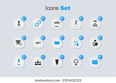 Set Round makeup mirror, Woman eye, Makeup powder with, Lipstick, Bar of soap, Cream lotion cosmetic tube, Bottle nail polish and Smiling lips icon. Vector