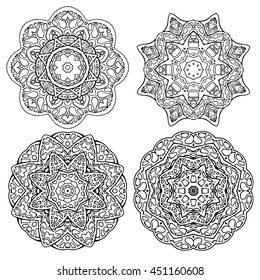 Set round mandalas for coloring. Doodle stained glass designs for your creativity.