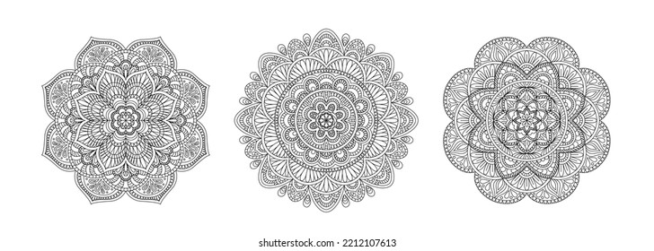 Set round mandalas henna mehndi tattoo, decoration. Outline ornament in ethnic Arabic, Indian, moroccan,spain, turkish, pakistan, chinese, mystic, ottoman oriental style. For print coloring book page