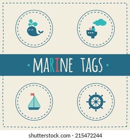 Set of round marine tags with illustrations of whale, sailboat, wheel and ship. Red, blue and cream colors. For cards, scrapbooking etc.
