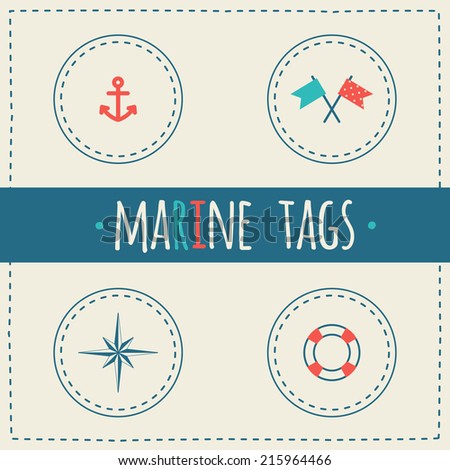 Set of round marine tags. Red, blue and cream colors. Illustrations of anchor, lifebuoy, wind rose and  flags. For cards, scrapbooking, baby shower etc.