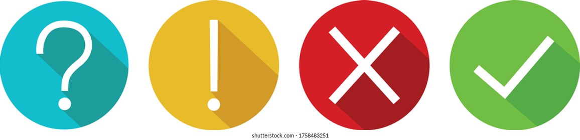  Set of round marks, cross, exclamation and question point, checkmark icons, buttons on white background.