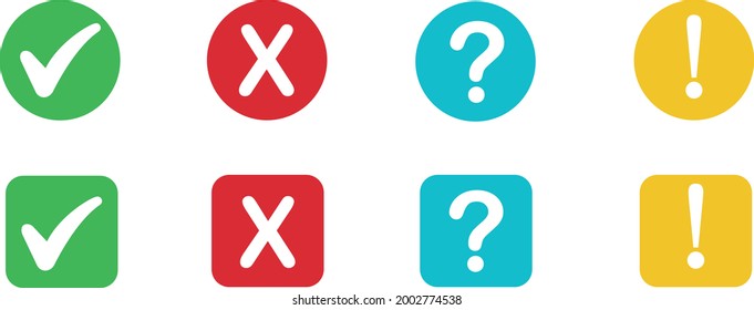 Set of round marks, cross, exclamation and question point, checkmark icons, buttons on white background