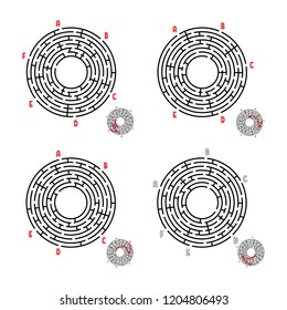 A set of round mazes. Game for kids. Puzzle for children. Labyrinth conundrum. Flat vector illustration isolated on white background. With answer.