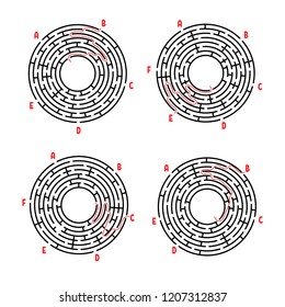 A set of round mazes. Game for kids. Puzzle for children. Labyrinth conundrum. Flat vector illustration isolated on white background. With answer.