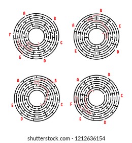 A set of round mazes. Game for kids. Puzzle for children. Labyrinth conundrum. Flat vector illustration isolated on white background. With answer.