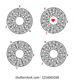 A set of round mazes. Game for kids. Puzzle for children. Labyrinth conundrum. Flat vector illustration isolated on white background.