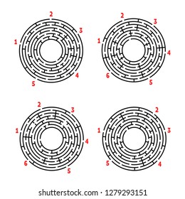 A set of round mazes. Game for kids. Puzzle for children. Labyrinth conundrum. Flat vector illustration isolated on white background.