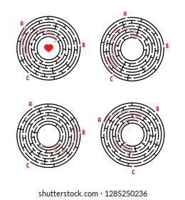 A set of round mazes. Game for kids. Puzzle for children. Labyrinth conundrum. Flat vector illustration isolated on white background. With answer.