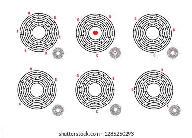A set of round mazes. Game for kids. Puzzle for children. Labyrinth conundrum. Flat vector illustration isolated on white background.