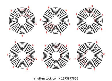 A set of round mazes. Game for kids. Puzzle for children. Labyrinth conundrum. Flat vector illustration isolated on white background. With answer.