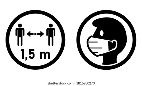 Set of Round Measure Sticker Icons against the Spread of Coronavirus Covid-19, including Keep Your Distance 1,5 m or 1,5 Meters and Wear a Face Mask or Face Covering. Vector Image.