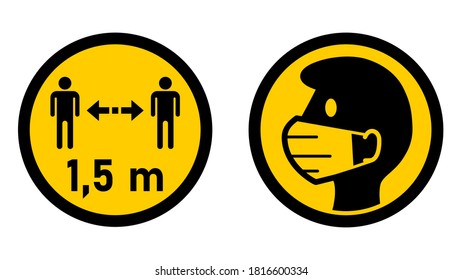 Set of Round Measure Sticker Icons against the Spread of Coronavirus Covid-19, including Keep Your Distance 1,5 m or 1,5 Meters and Wear a Face Mask or Face Covering. Vector Image.