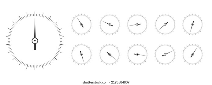 Set of round measuring scales with arrows in different positions. 360 degree templates of barometer, compass, circular ruler tool isolated on white background. Vector graphic illustration