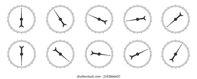 Set Of Round Measuring Scales With Rotating Arrows. Collection Of 360 Degree Of Barometer, Compass, Protractor, Circular Ruler Tool Template Isolated On White Background. Vector Graphic Illustration