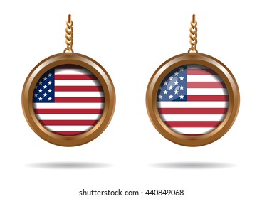 Set round medallion on a chain with an American flag. Flag of the United States of America. US flag. Old Glory. Star-Spangled banner. Vector illustration isolated on white background