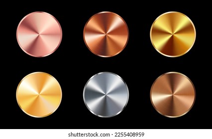 A set of round metal buttons or knobs. Rose gold, copper, bronze, silver, gold, chrome, stainless, steel, platinum. Realistic texture. 3d vector illustration on a black background.