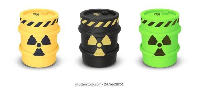 Set round metal drum. 3D rendering. Vector illustration isolated. Barrel of toxic, radioactive waste. Dangerous chemical liquids, flammable gases, toxins, radiation, biological hazard