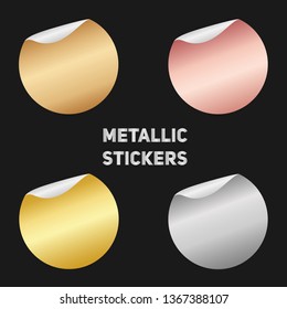 Set of round metallic stickers with a folded edges. Paper circles of bright modern rose gold, gold, bronze, silver gradient. Blank templates. Empty mockup of tags with a realistic textures. 