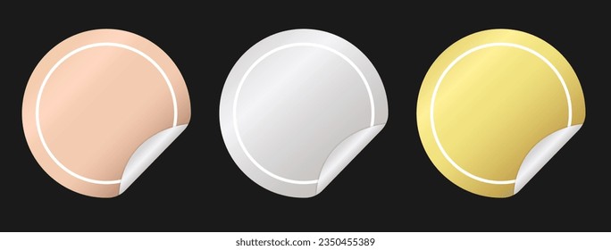 Set of round metallic stickers with a folded edges. Paper circles of bright modern gold, bronze, silver gradient. Blank templates. Empty mockup of tags. Vector illustration