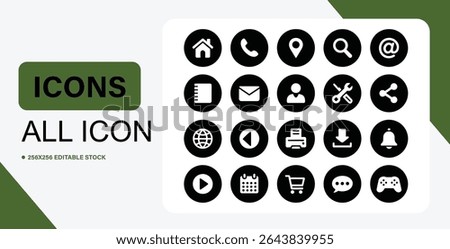 A set of round, minimalist icons in black and white, suitable for various user interfaces and digital designs.