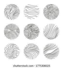 Set of round modern minimal logo with organic shapes with dynamic waves and lines. Vector emblem for cosmetics, beauty industry. Hand drawn templates black color.