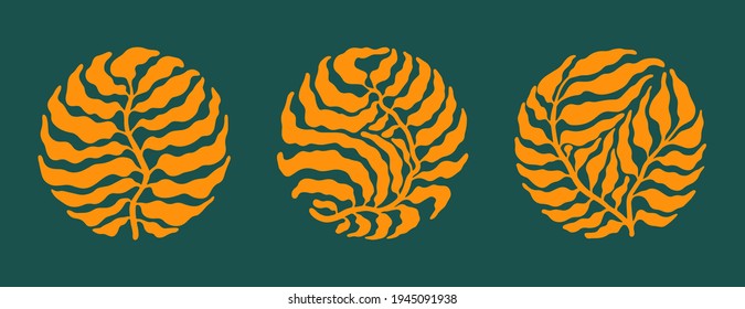 Set with round modern minimalist aesthetic gold leaf boho prints in mid century style on green background.  Trendy vector logo for social networks, retro style web design.